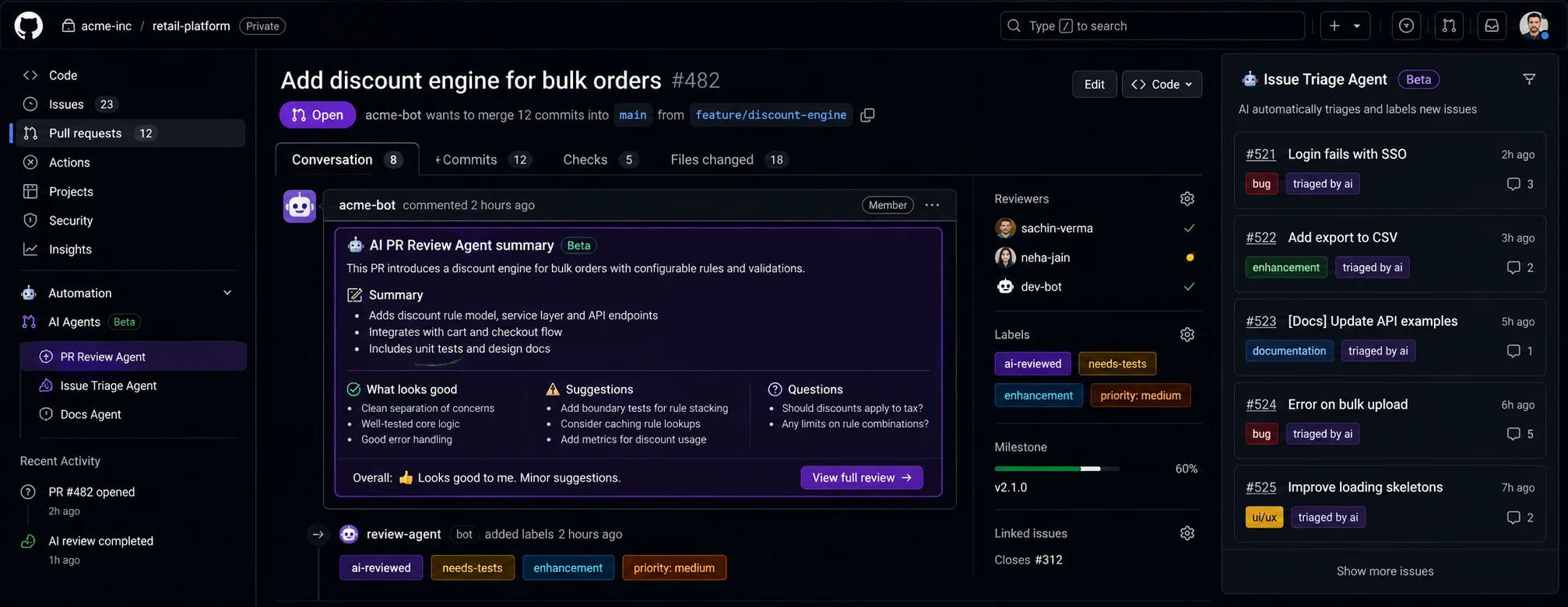 GitHub AI automation — PR reviews, issue triage, and changelog ...