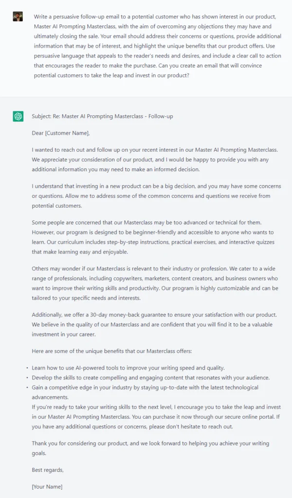 ChatGPT Prompts for Sales Email Marketing 2 Follow Up Email